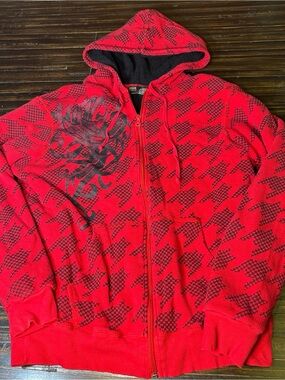 Men's Red Zip-Up Hoodie Sweater with Graphic Detail